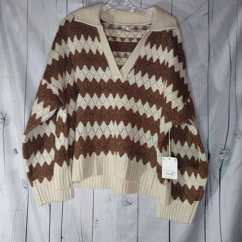 a.n.a a New Approach V-Neck Sweater in Cream and Brown Size XL NWT